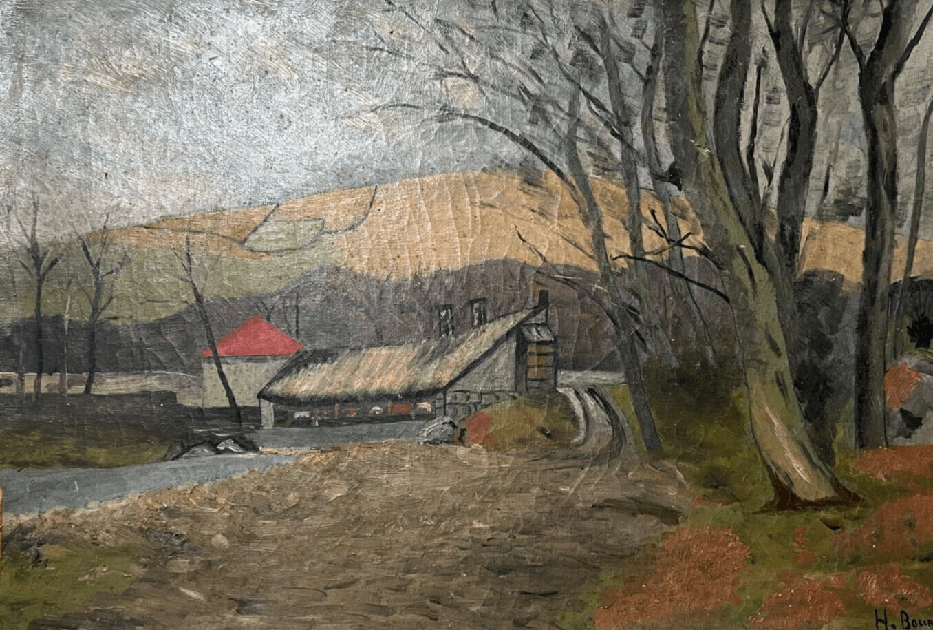 Antique Oil Painting Olivier BOURSIER (XX) Village Landscape, Trees image 1