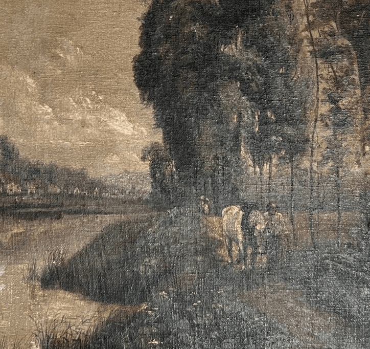 Antique Oil Original Painting River Landscape, Man with Horse, Trees, Loing image 1