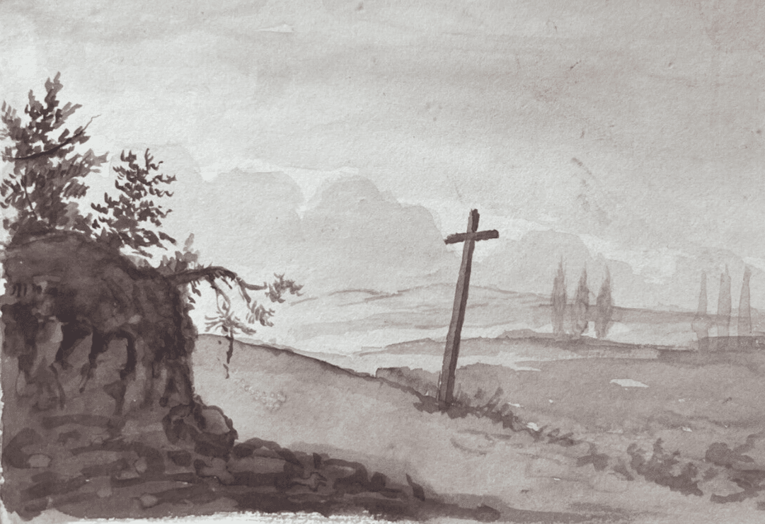 Antique Original Drawing, Landscape, Cross, Trees, Forest 19th century image 4