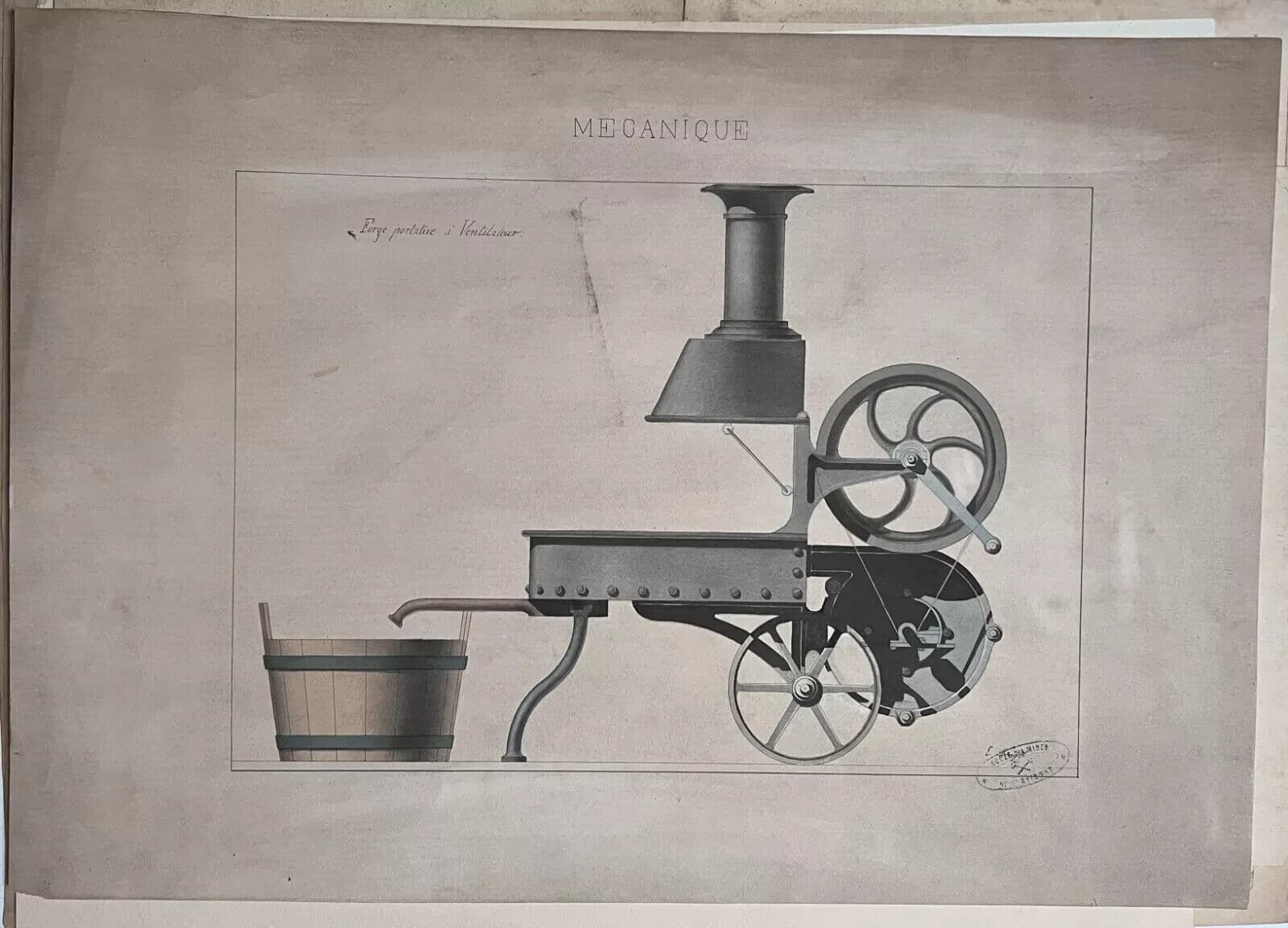 Antique Architecture Drawing Building, Troley, Engineering Machine c. 1850 image 6