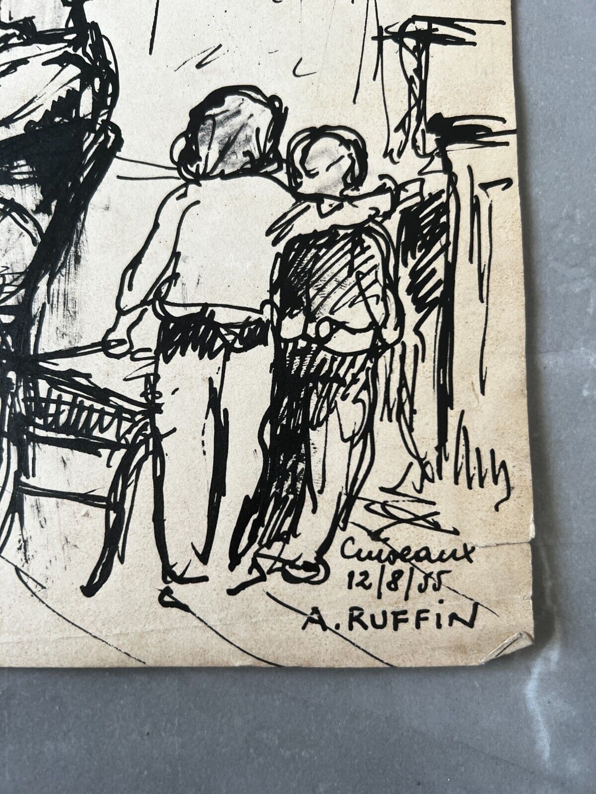 Original Antique Drawing André RUFFIN (1898-1981) Family Scene Artwork image 7