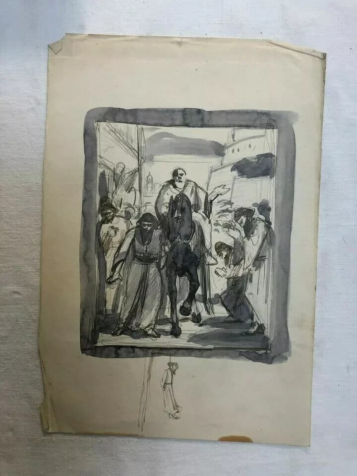 Antique Ink Original Drawing Original Man on Horse, Orientalist Figures image 5