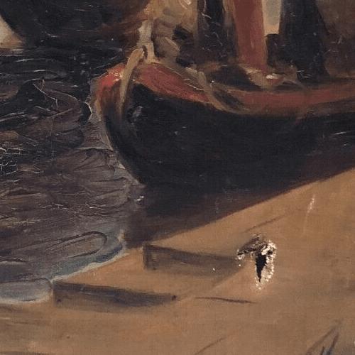 Antique Original Painting Signed Maritime Landscape with Boats at Sea, Sunset image 5