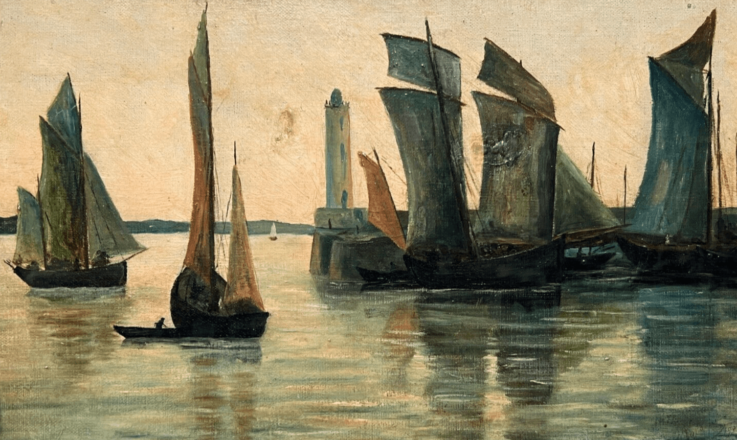 Antique Oil Painting Original Landscape, Seaview, Boats signed 19th century