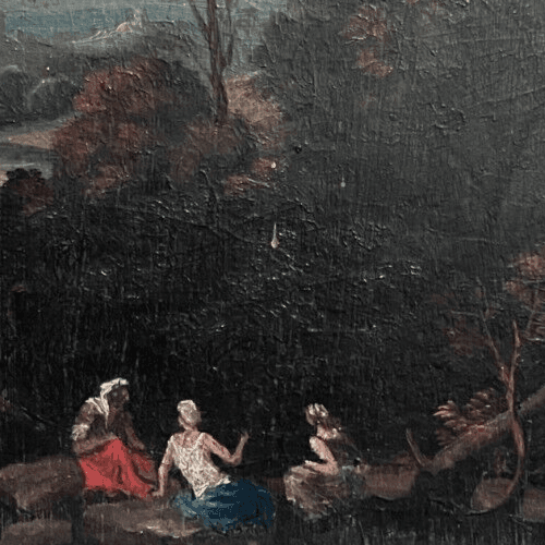 Antique Original Painting Landscape, People, Trees, Forest 19th century image 3