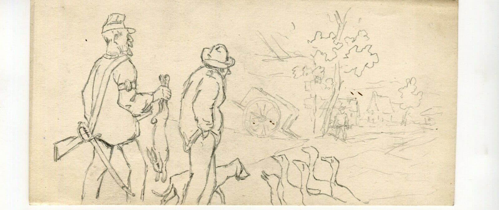 Vintage Original Pencil Drawing Men Hutting, People, Ducks, Rabbit Artwork image 2