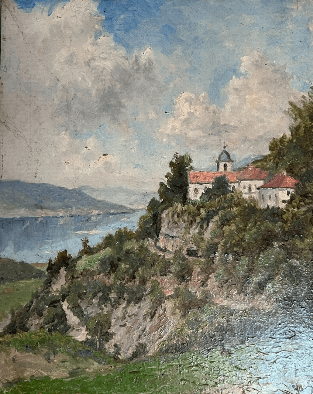 Antique Oil Vintage Original Painting Landscape Mountain Village, Lake image 1