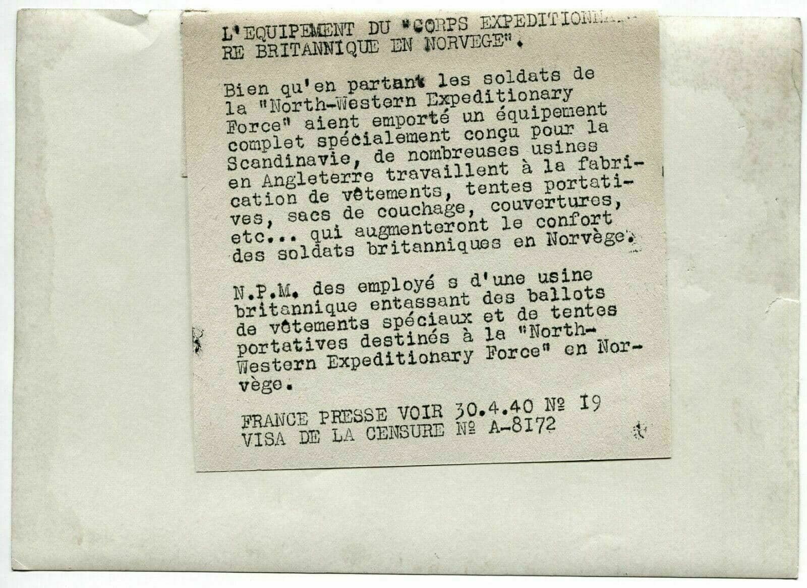 Photo FRANCE PRESSE- British Norwegian Expeditionary Force Equipment 09.10.1939 image 3