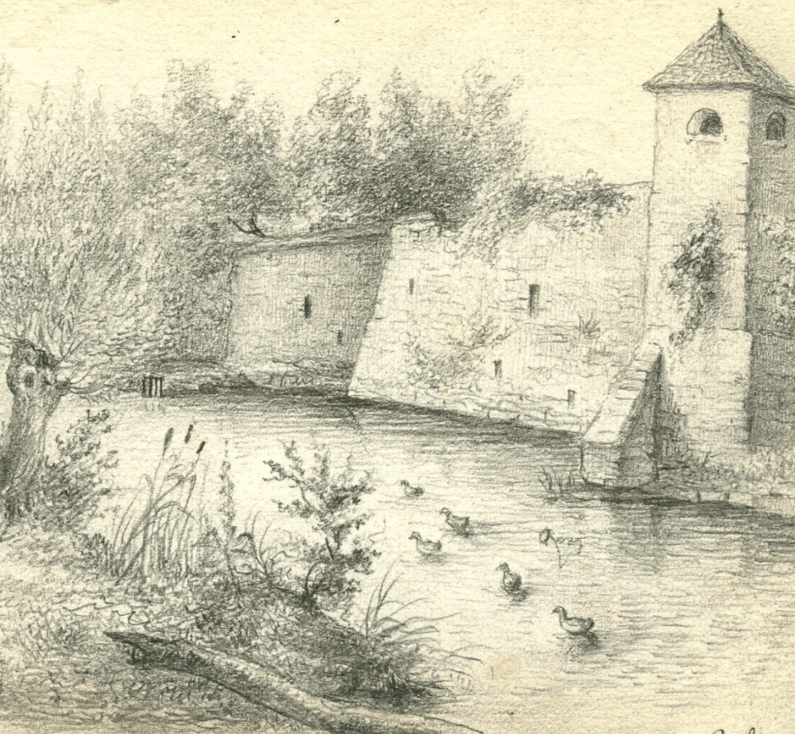 Antique Pencil Drawing Original Wall Landscape River, Duck, Tree, Cityview image 1