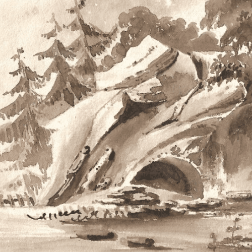 Antique Ink Original Drawing 19th century Cave, Landscape, Tree, Forest image 2