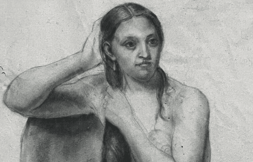 Antique Drawing Charcoal Nude Woman Portrait 19th century c 1860 image 2