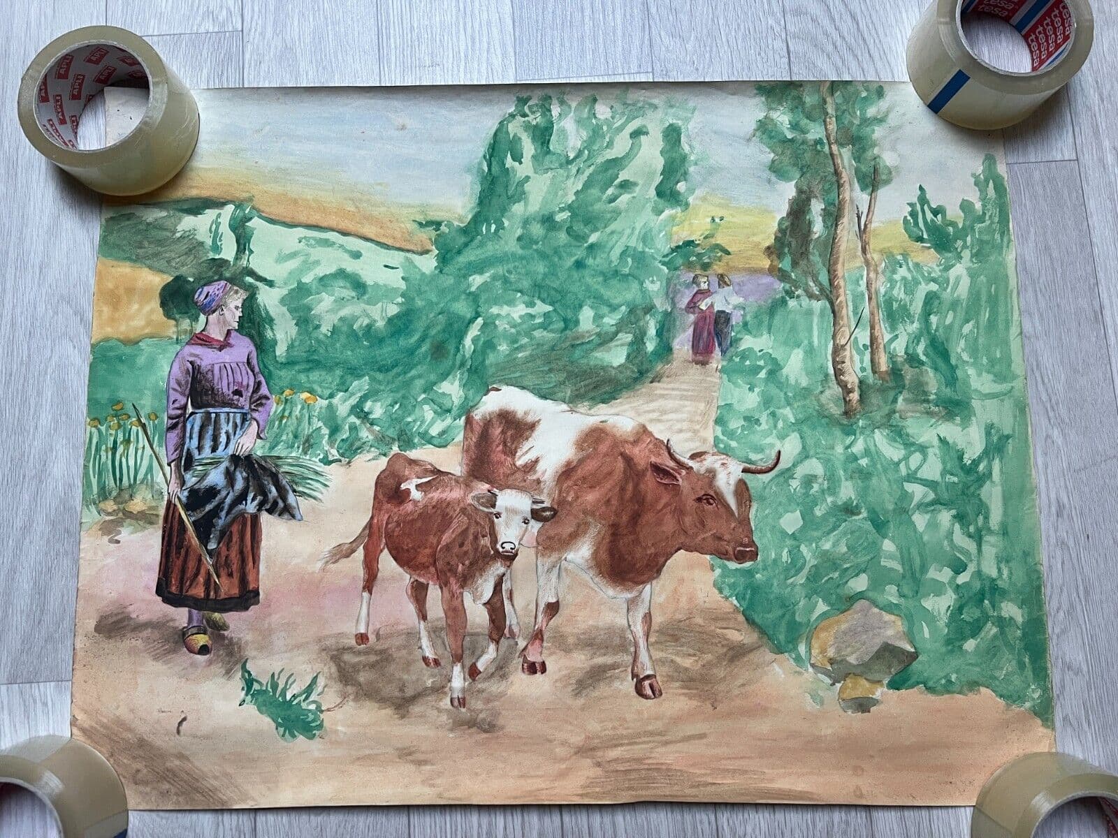 Antique Original Drawing Portrait, Woman, Fields, Working Life Scene image 2