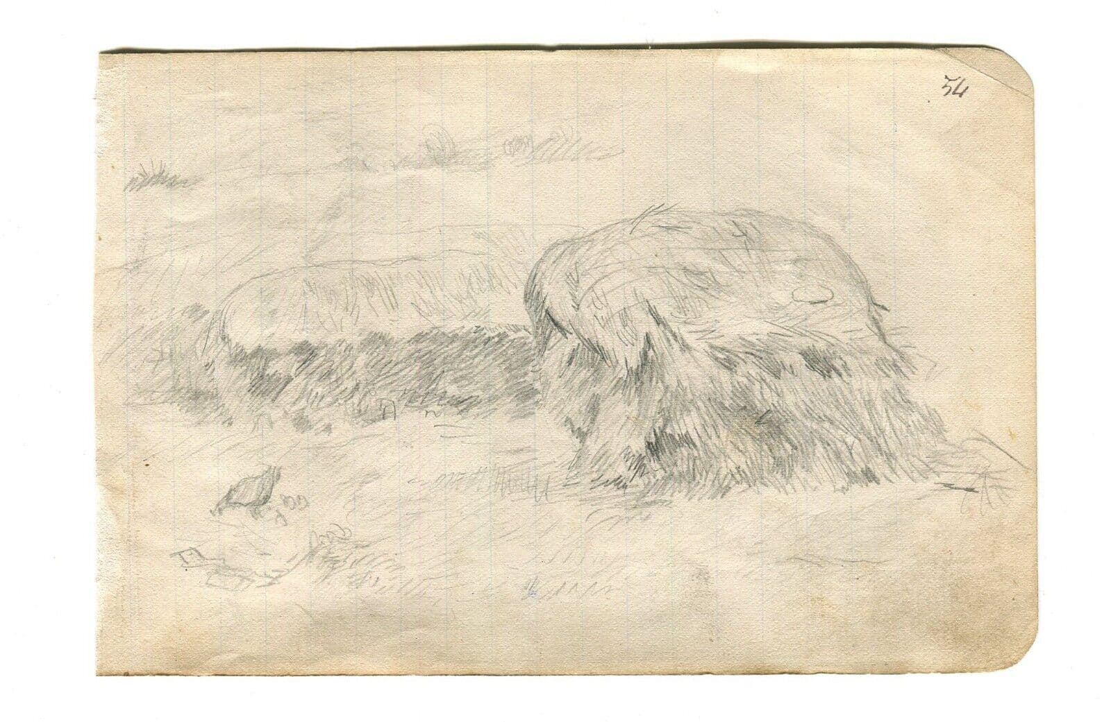 Vintage Pencil Original Drawing Landscape, Hay, Field image 5