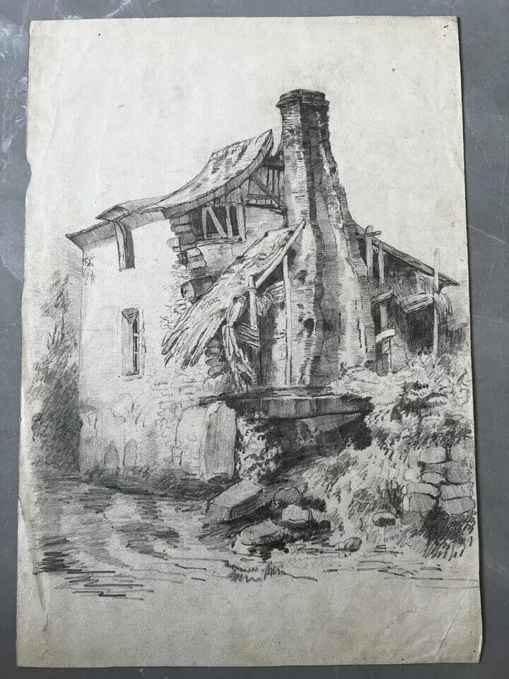 19th century Original Antique Pencil Drawing Landscape House, Farm by River image 2