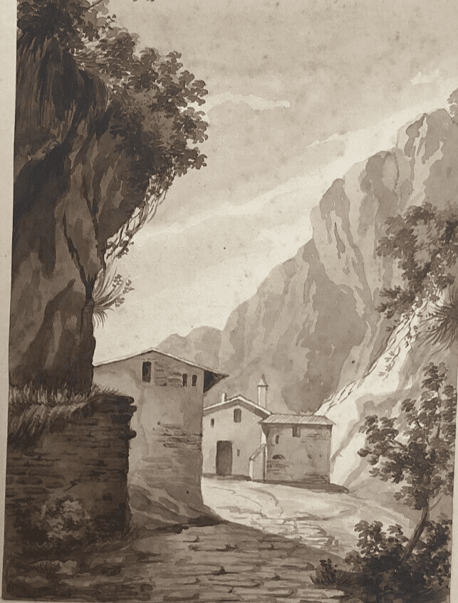 Antique Original Drawing 19th century Mountain Village Landscape