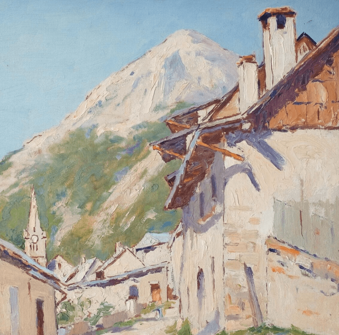 Antique Original Painting Mountain Landscape, Town, Buildings image 3