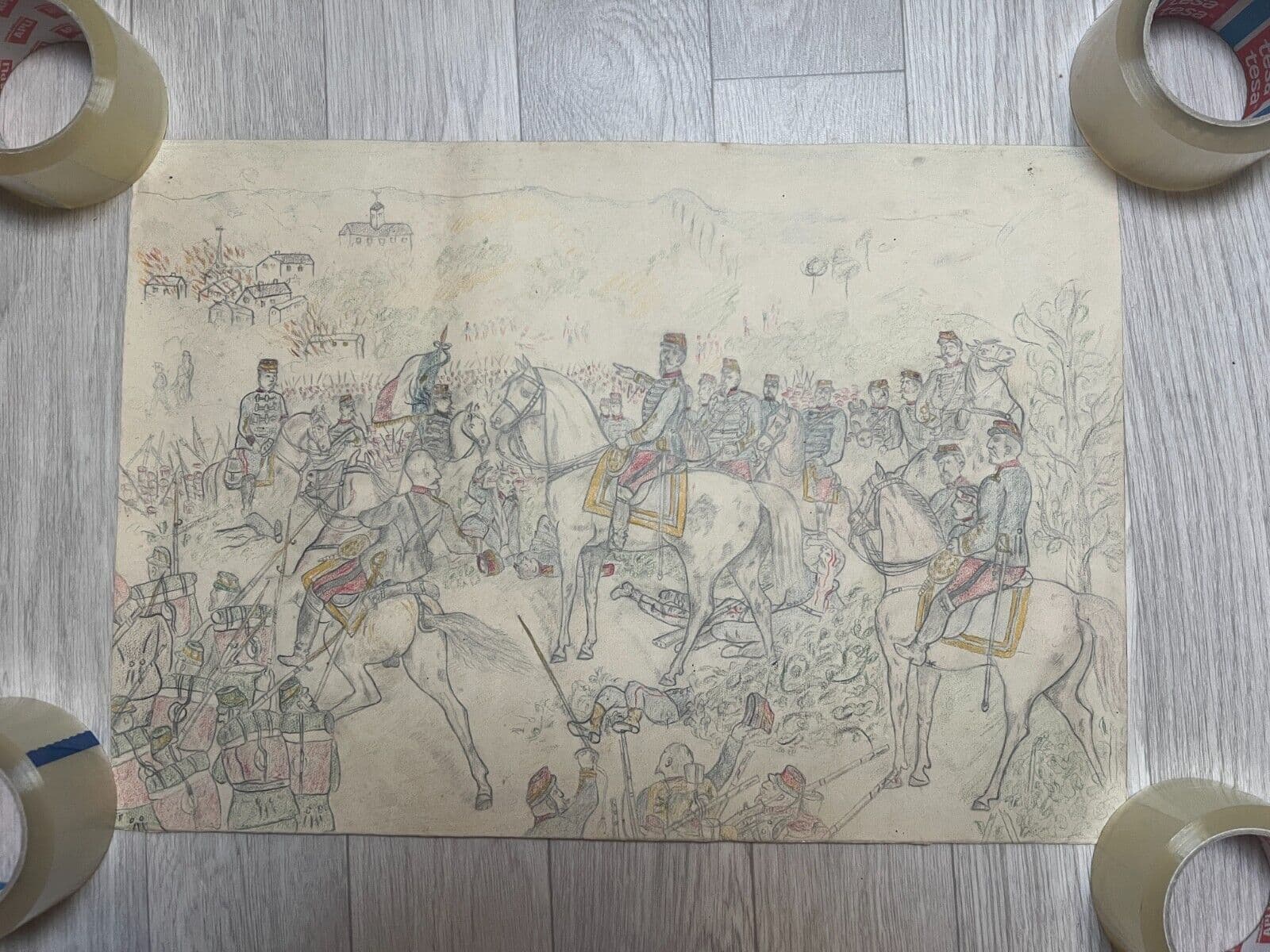 Antique Original Drawing Men, War, Conflicts, People, Horse, History image 2