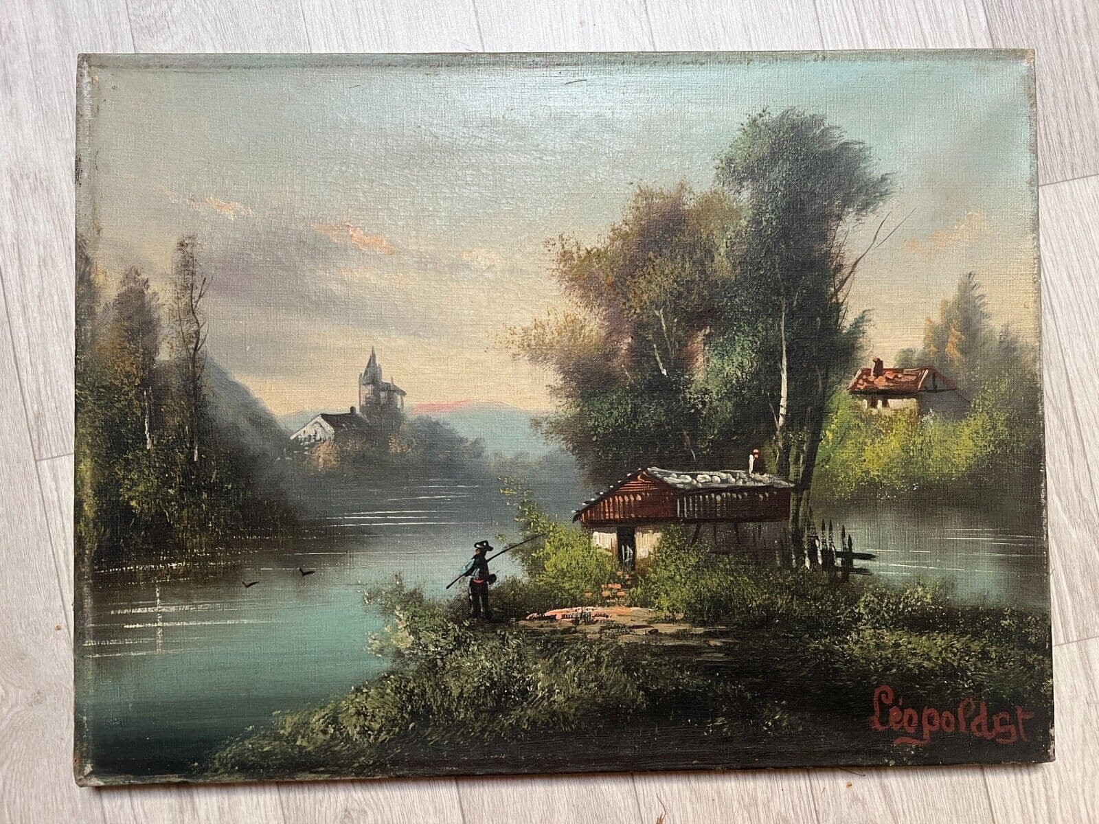 Antique Original Painting Painting Lake Landscape, Man, Fishing signed image 3