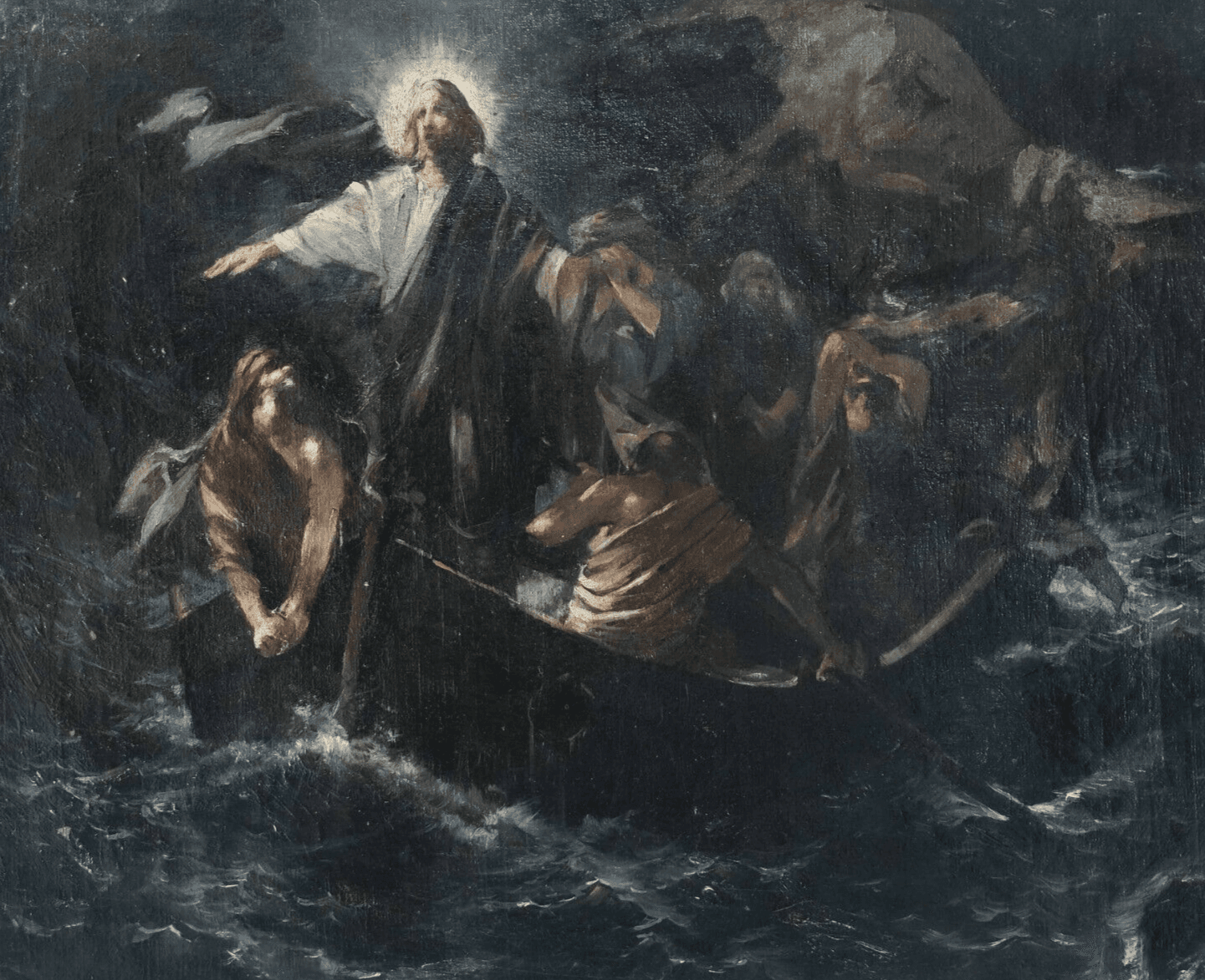 Antique Painting Original Christ, Miracle, Fish, Tiberiad, Sea, People 1888