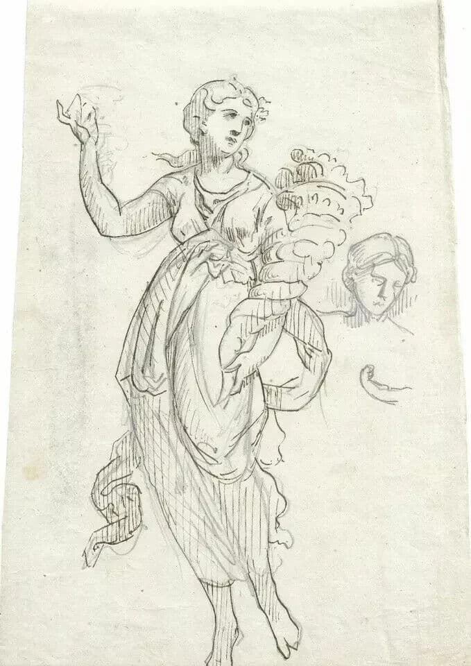 Antique Ink Original Drawing 19th century Woman Sculpture Goddess Ceres image 5