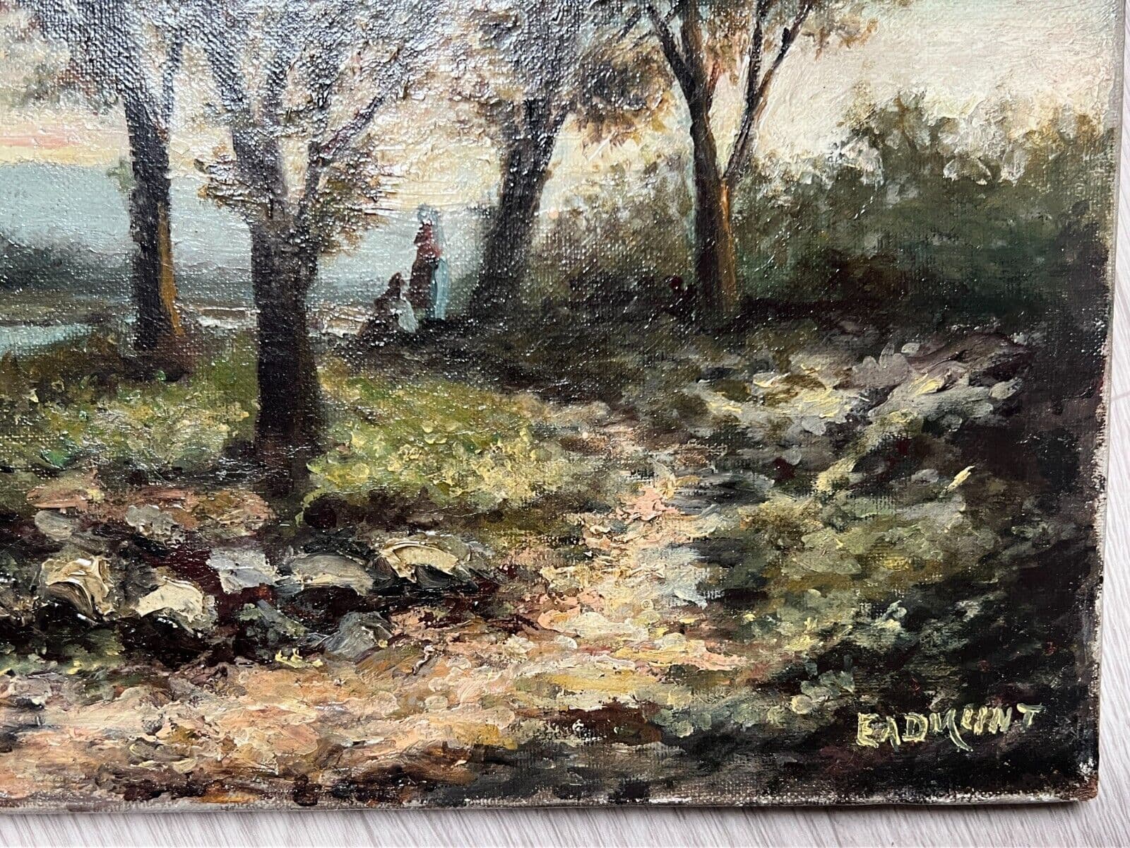 Antique Original Painting Landscape Trees, River, Forest, Fisherman signed image 2