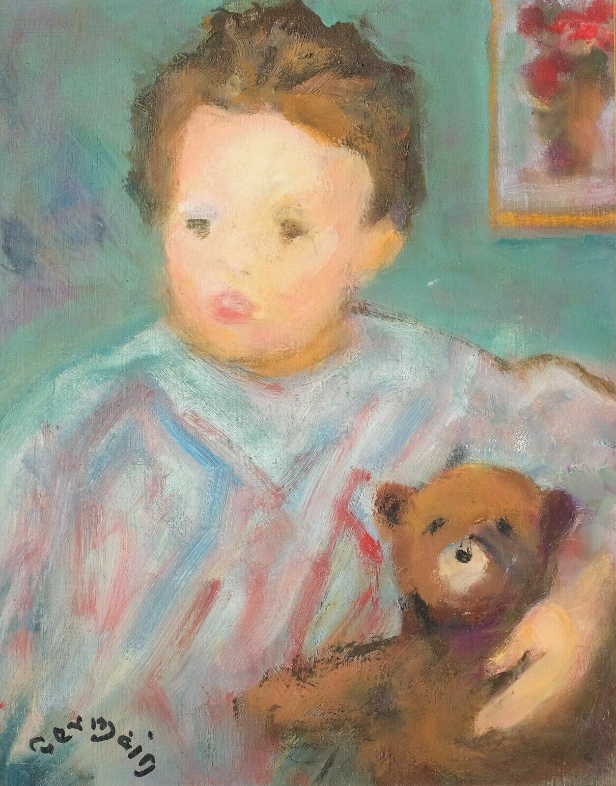 Vintage Oil Original Painting signed Young Boy Portrait Teddy Bear French Framed image 1