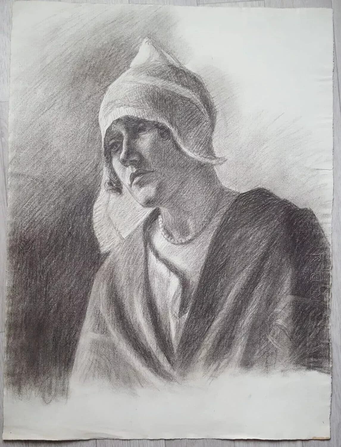 Antique Charcoal Original Old Drawing Woman Portrait with Hat c. 1910 image 6