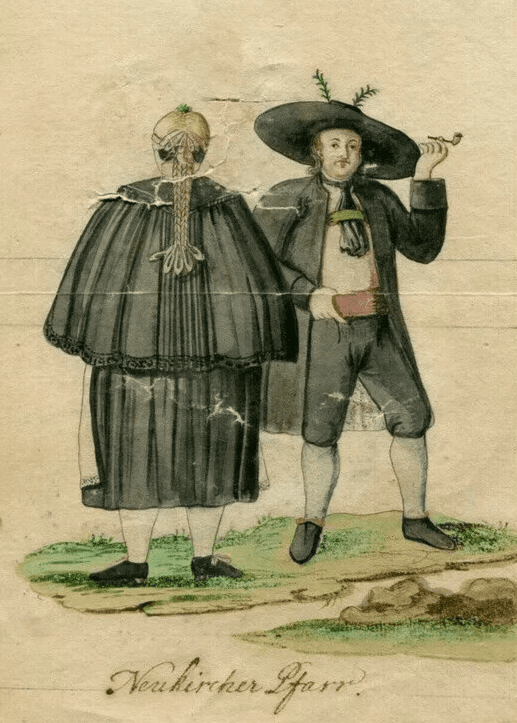 Antique Original Drawing German People Religious Costumes Pfarrkirchen image 1