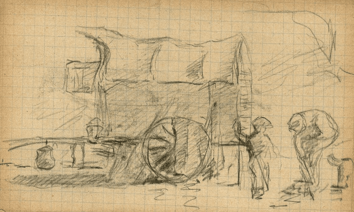 Antique Pencil Drawing Original signed Characters, Caravan, Genre Scene image 1