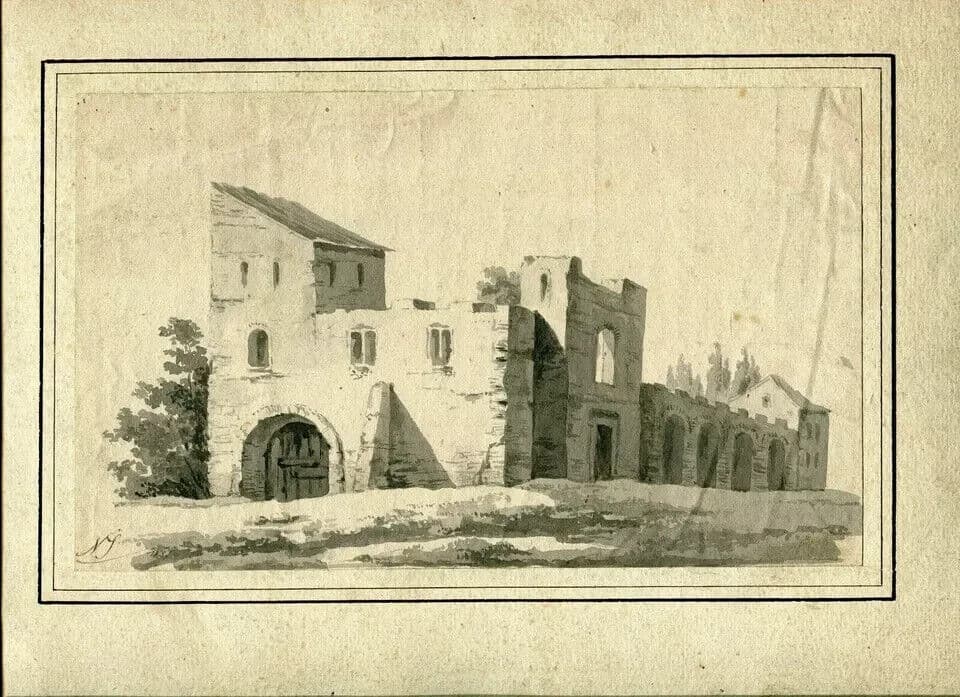 Antique Ink Original Drawing 19th century Ruined Building, Architecture image 5