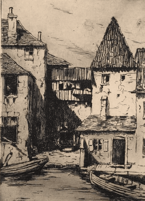 Antique Etching Original Landscape, Houses, Cityview, Town signed