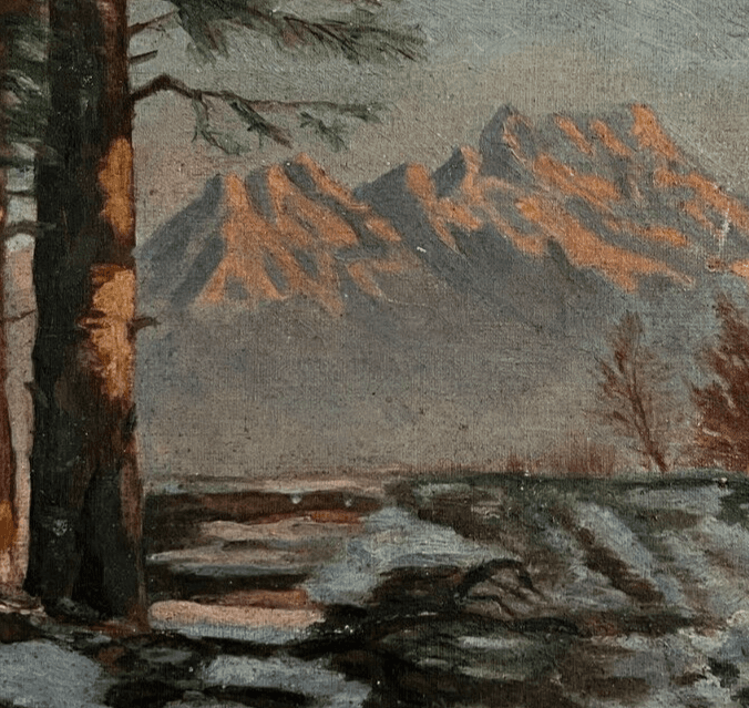 Antique Original Painting Chalet Winter Mountain Landscape, Snow, Pine Tree image 3