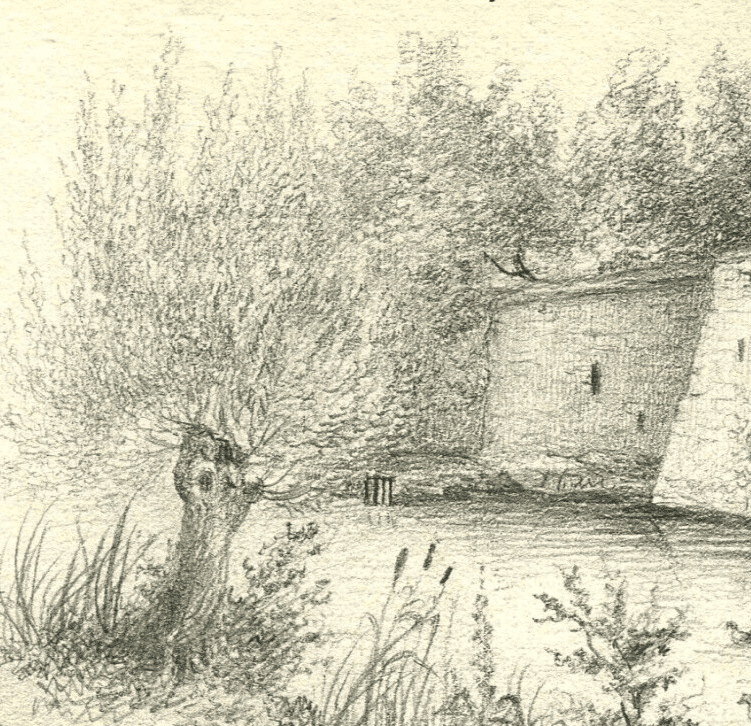 Antique Pencil Drawing Original Wall Landscape River, Duck, Tree, Cityview image 2