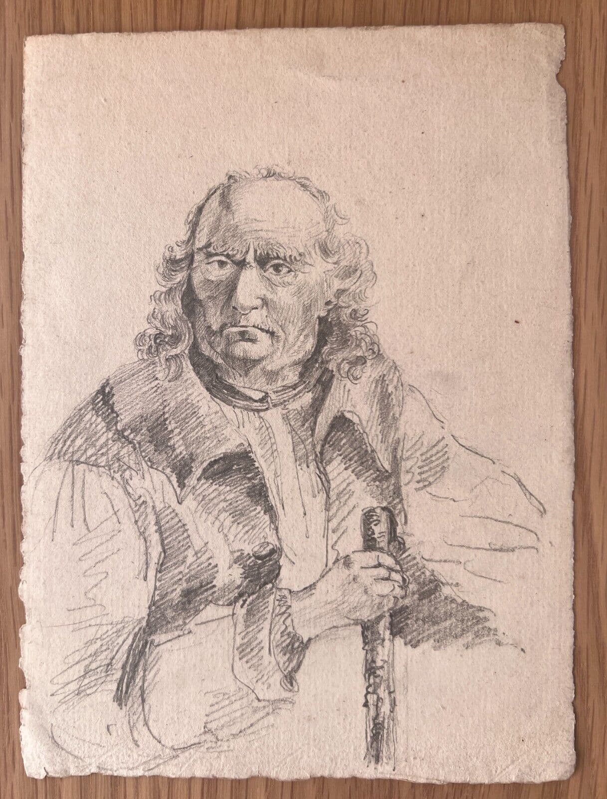 Antique Original Drawing Man Portrait with Cane 19th century image 6