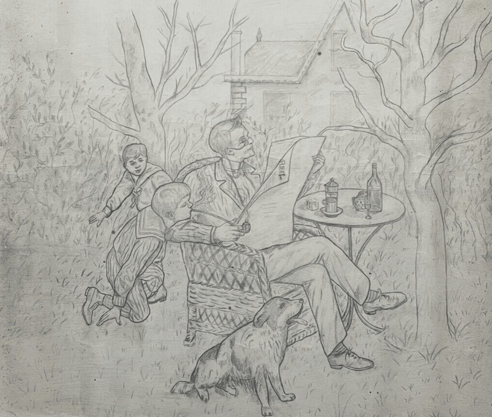 Antique Original Drawing People, Children, Dogs, Life Scene