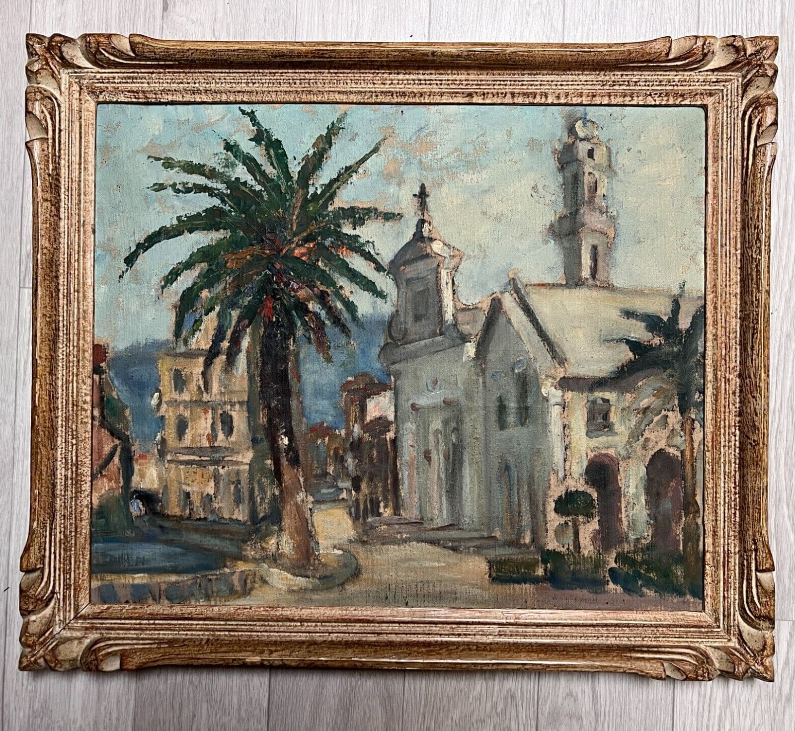 Antique Oil Painting Maritime Landscape , Cityview, Building, Church, Tree image 2