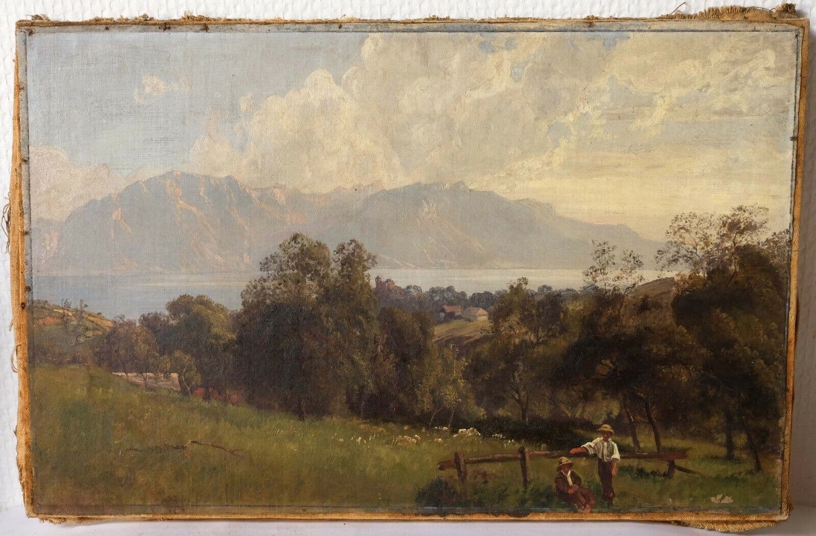 Painting Landscape Mountain People and Lake image 1