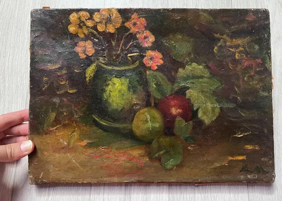 Vintage Antique Oil Painting Still Life Bouquet, Flowers in a Vase, Apples image 4