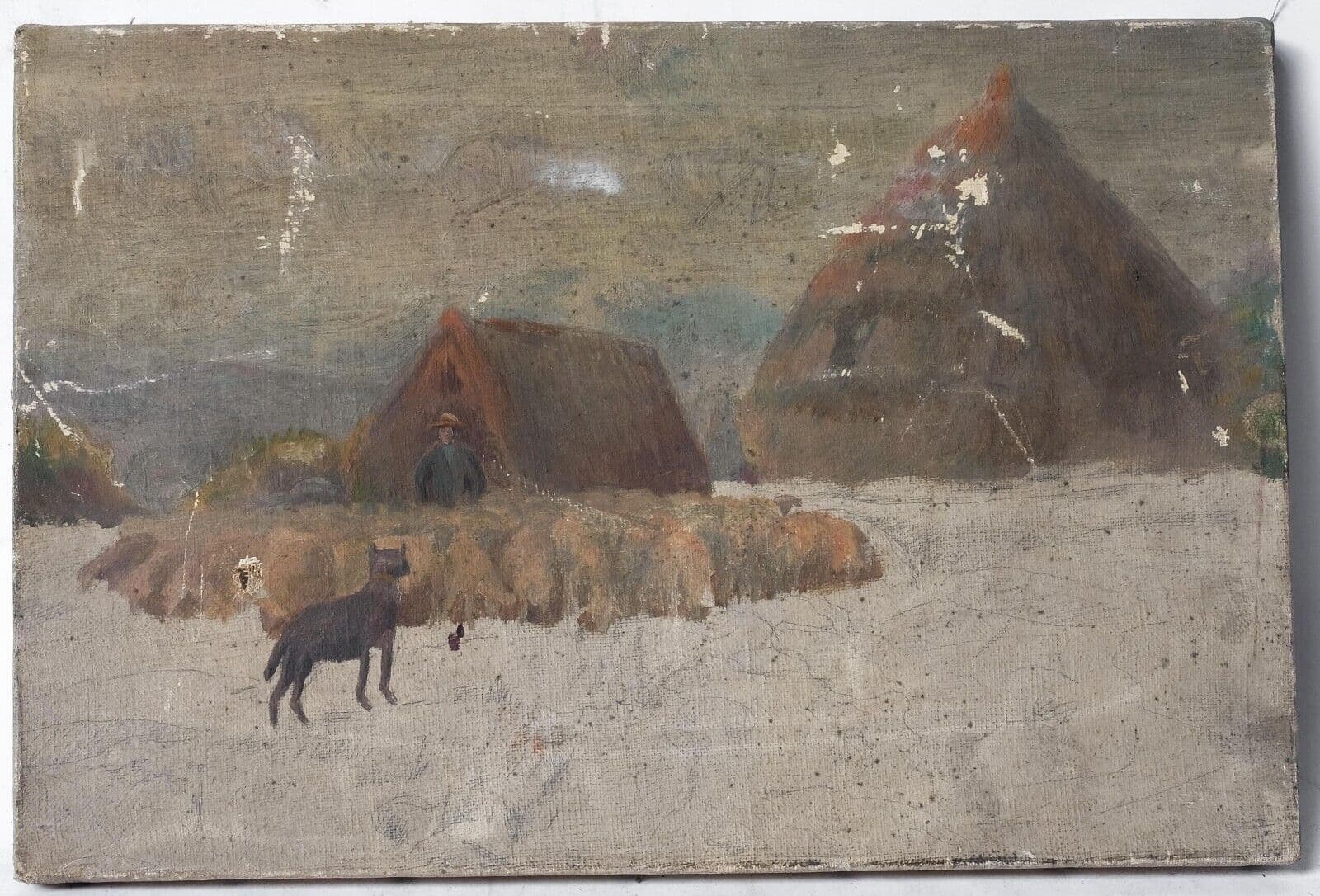 Antique Oil Original Painting, Landscape, Livestock, Farmer, Sheep, Dog image 5