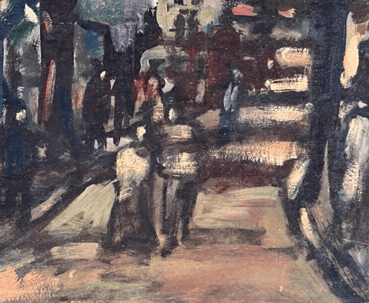Antique Painting Original Landscape, Cityview, People signed image 2