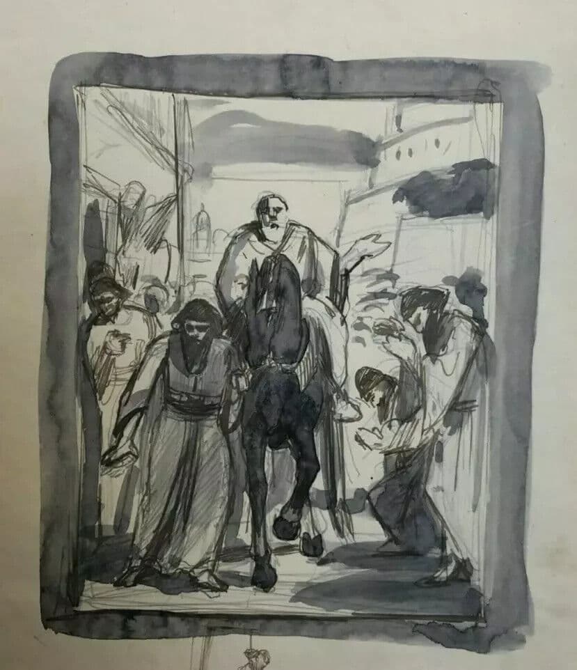 Antique Ink Original Drawing Original Man on Horse, Orientalist Figures image 6
