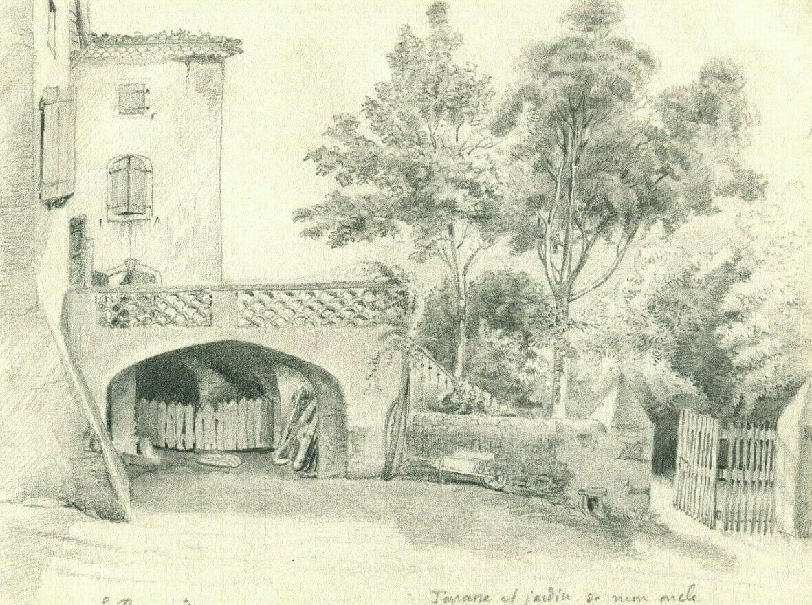 Antique Original Pencil Drawing Terrace, Garden Sketch, Artwork