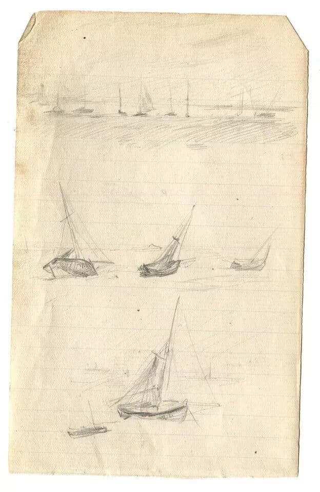 Vintage Pencil Original Drawing Maritime Landscape, Boats, Seascape image 6