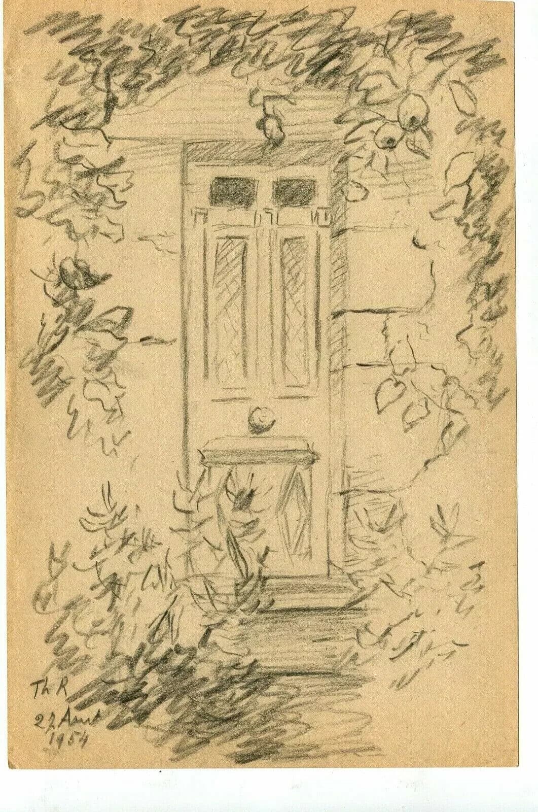 Vintage Pencil Drawing signed Door, House, Landscape, Architecture Architectural image 1