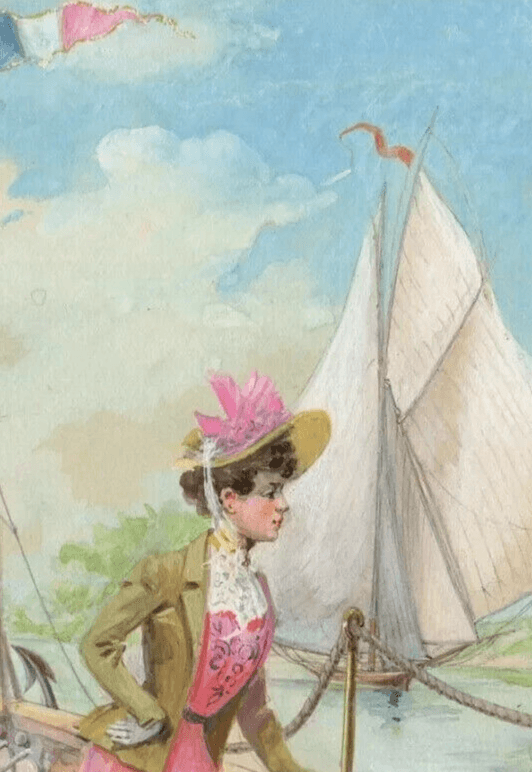 Art Nouveau Drawing Illustration, Woman on Boat, Flag, France, Sailor image 6