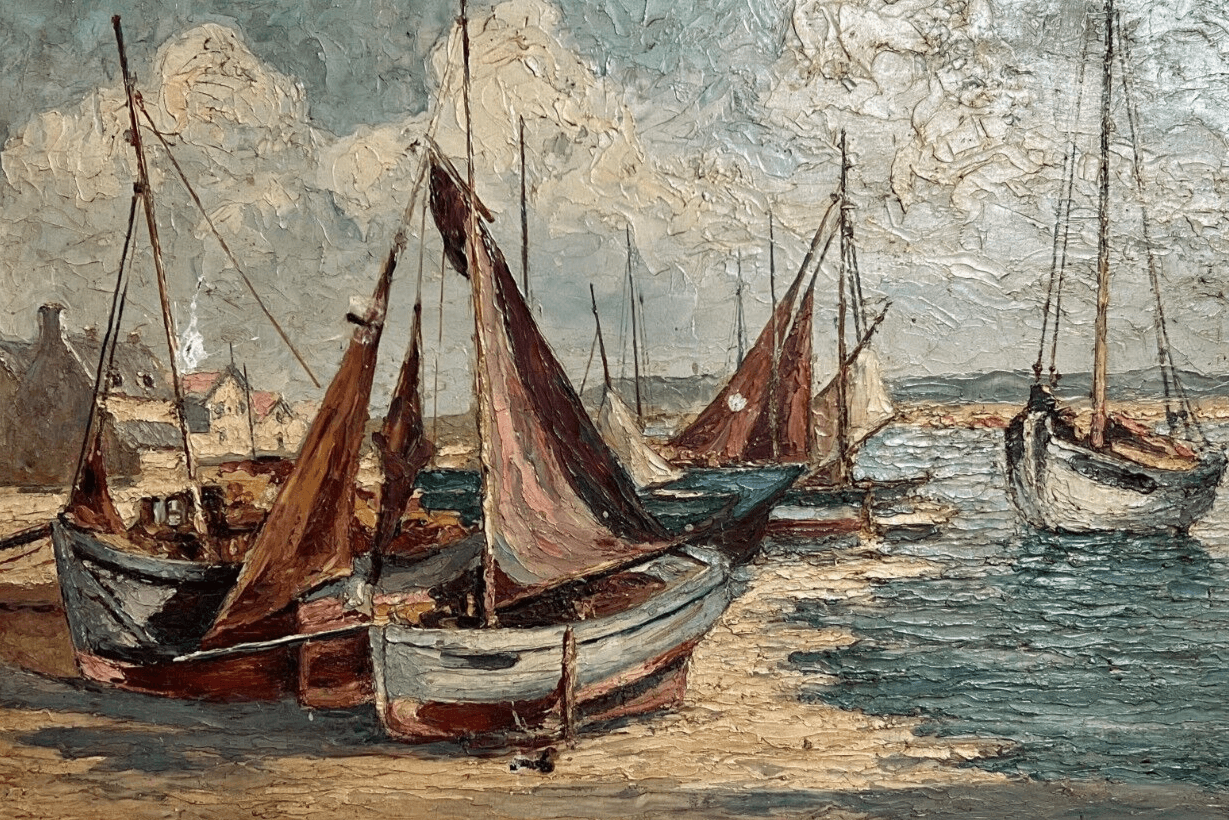 Antique Oil Painting Original Landscape, Seaview, Boats signed image 1
