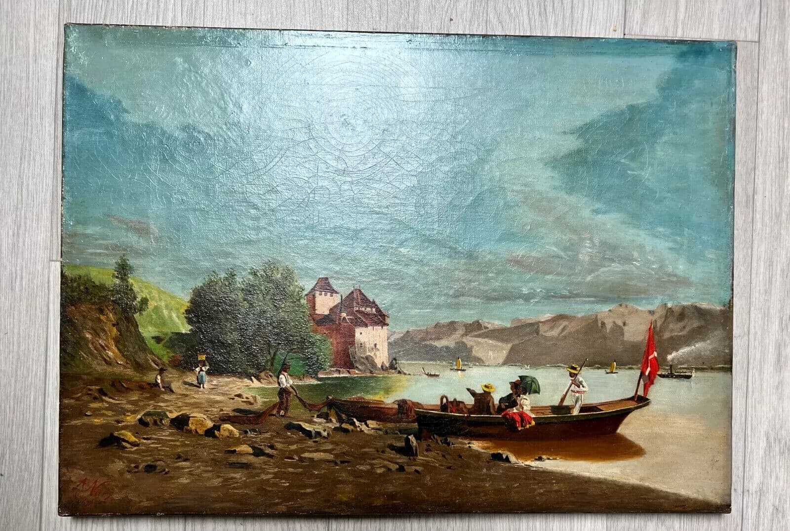 Antique Painting Original Landscape Amédée NURY (1856-?) Switzerland Lake, Boat image 6