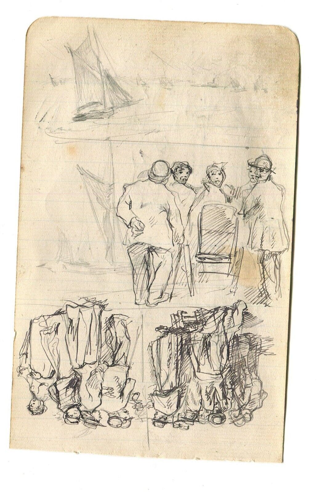 Antique Ink Drawing Original Sketches, Impressionism, Characters, Family, Baby image 5