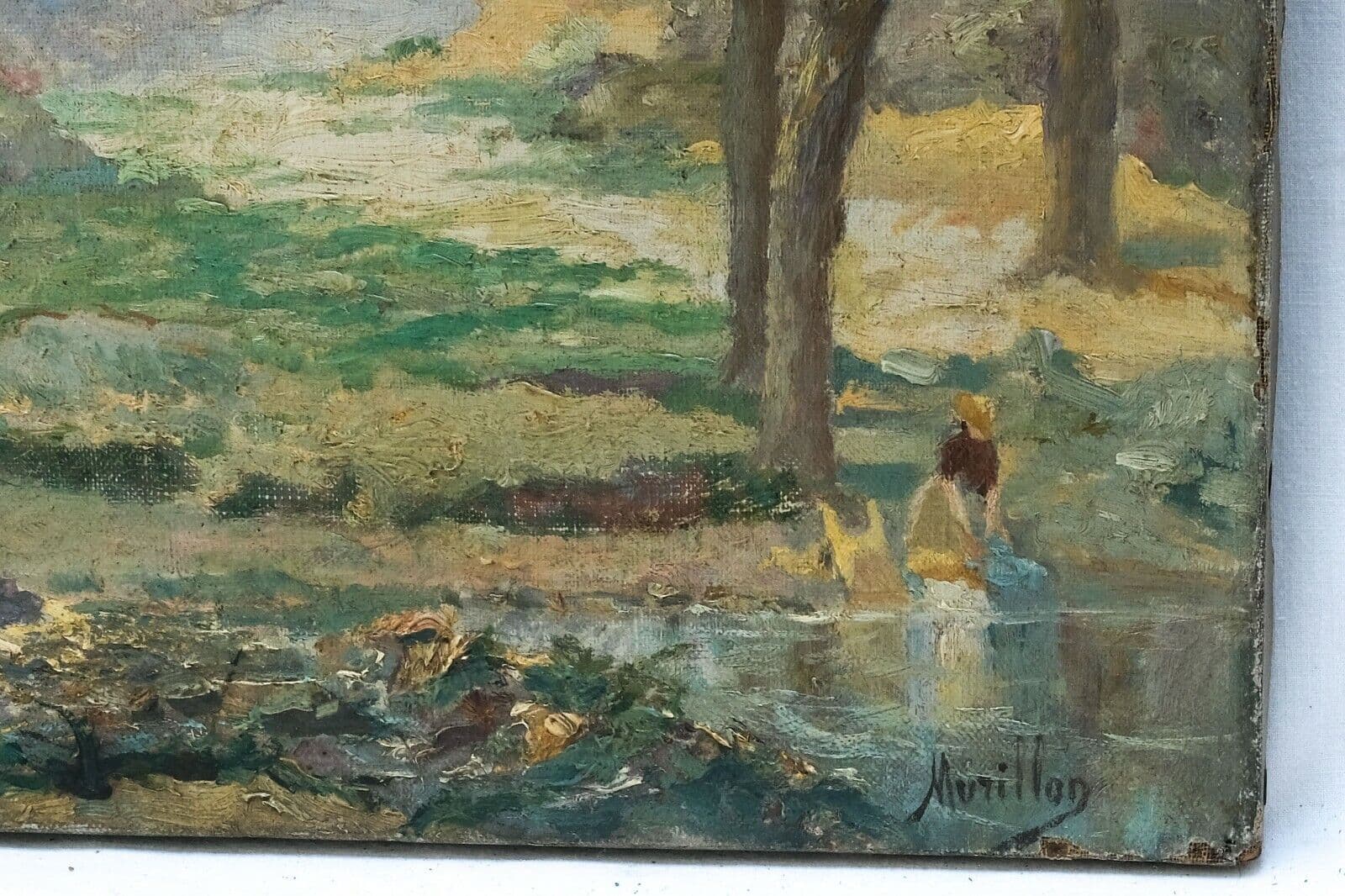 Antique Painting Oil Original 19th Landscape Woman Cleaning Laundry signed image 6