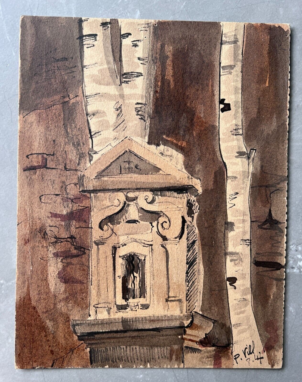 Antique Drawing Original Architecture, Religious signed 1947 Architectural image 3